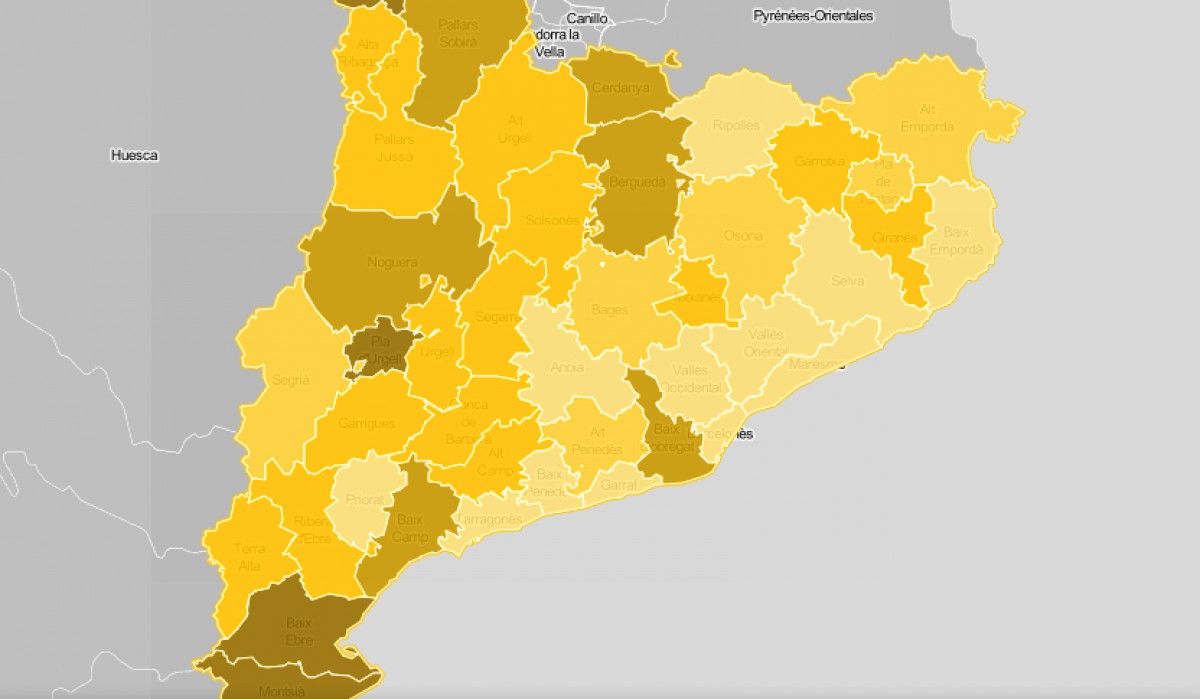 Mapa comarcal de Catalunya, segona la intensitat de la crisi de la pagesia com a problemàtica.
